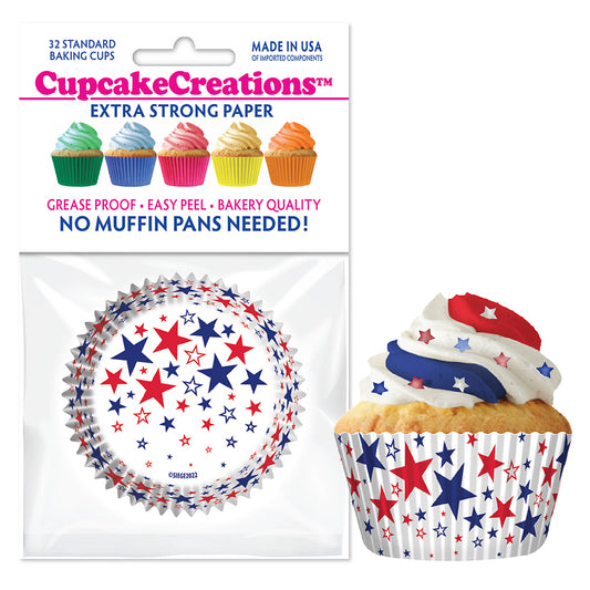 9259 Cupcake Creations Red, White & Blue Stars on White Baking Cups