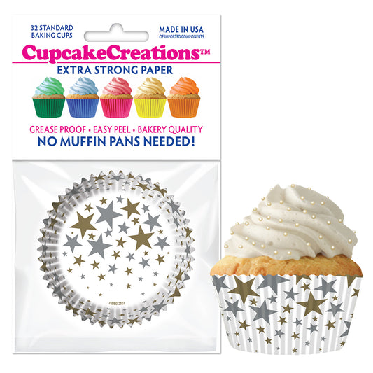 9260 Cupcake Creations Gold & Silver Stars on White Baking Cups