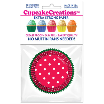 8932 Cupcake Creations Dots on Red Green Trim Baking Cups