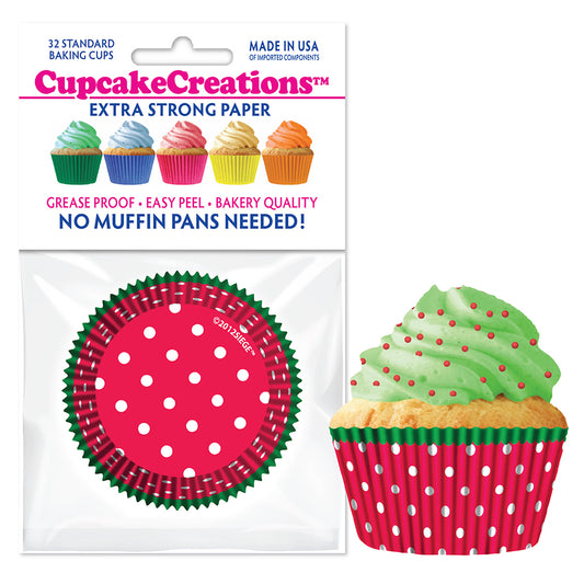 8932 Cupcake Creations Dots on Red Green Trim Baking Cups