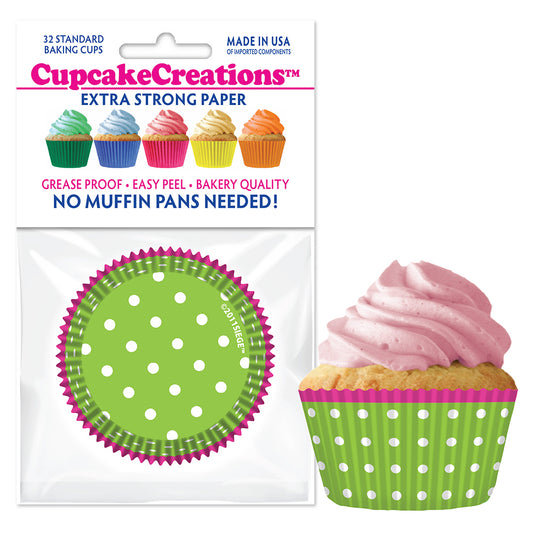 8968 Cupcake Creations Dots on Green & Pink Trim Baking Cups